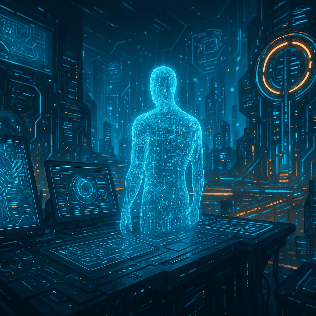 Modern web development workspace showing code editor with React, AI tools, and serverless architecture diagrams